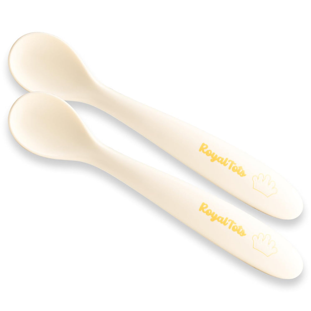 RoyalTots soft-tip spoons offer gentle gum contact for confident self-feeding.