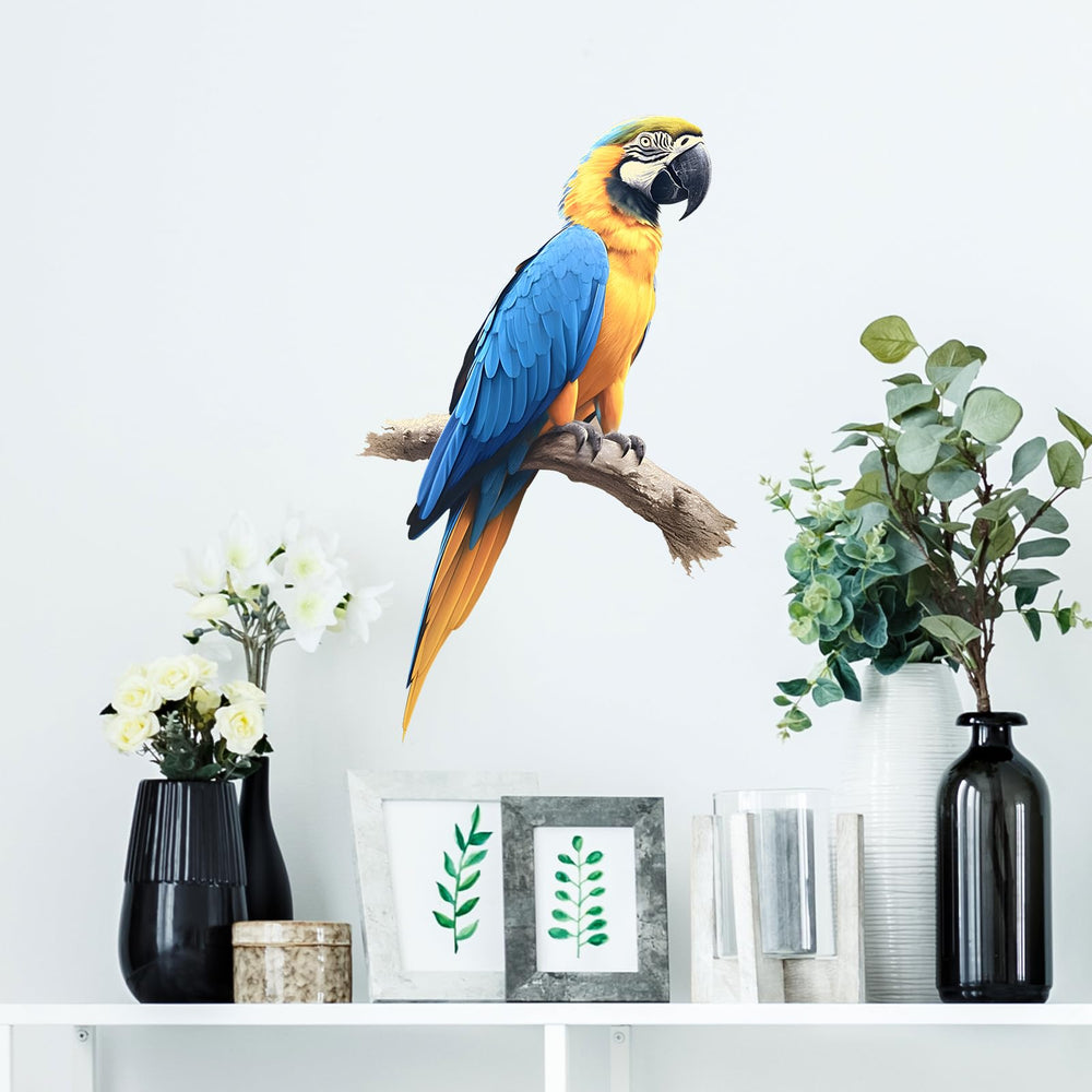 RoyoLam lifelike blue and yellow macaw decal adds a vibrant focal point for kids' rooms.