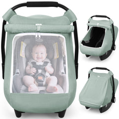 Rquiet car seat cover in green on a stroller, blocking sun and wind