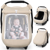 Rquite car seat cover in beige provides baby privacy and sun protection