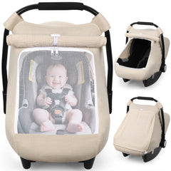Rquite car seat cover in beige provides baby privacy and sun protection