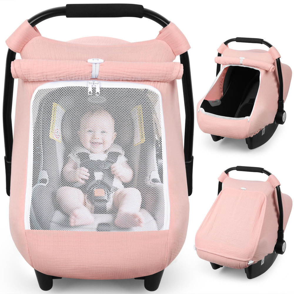 Rquite car seat cover in breathable muslin offers soft, airy protection.