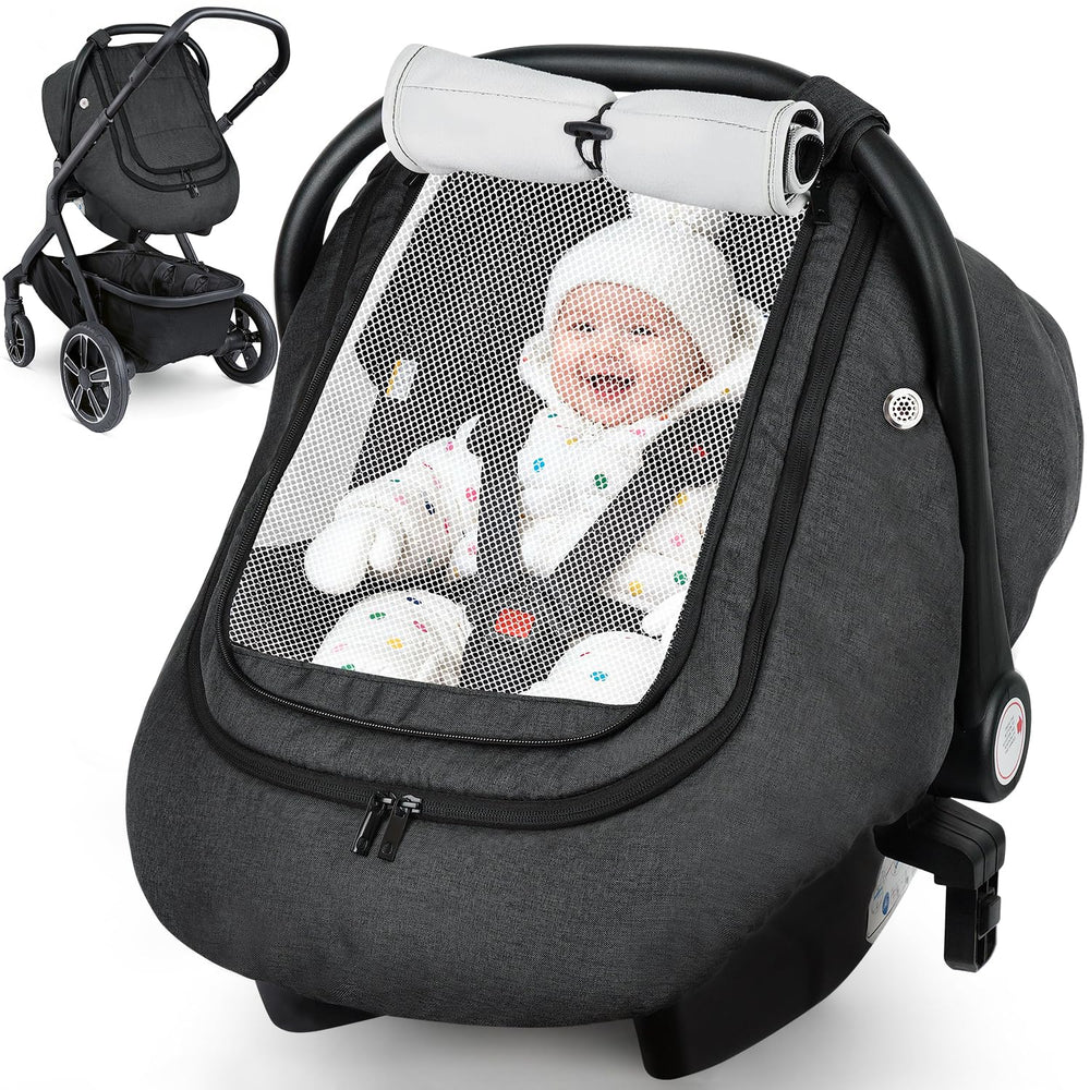 Rquite car seat cover with weatherproof outer protects baby from wind.