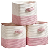 R RUNKA storage cube baskets front view in white and pink, keeps shelves tidy.