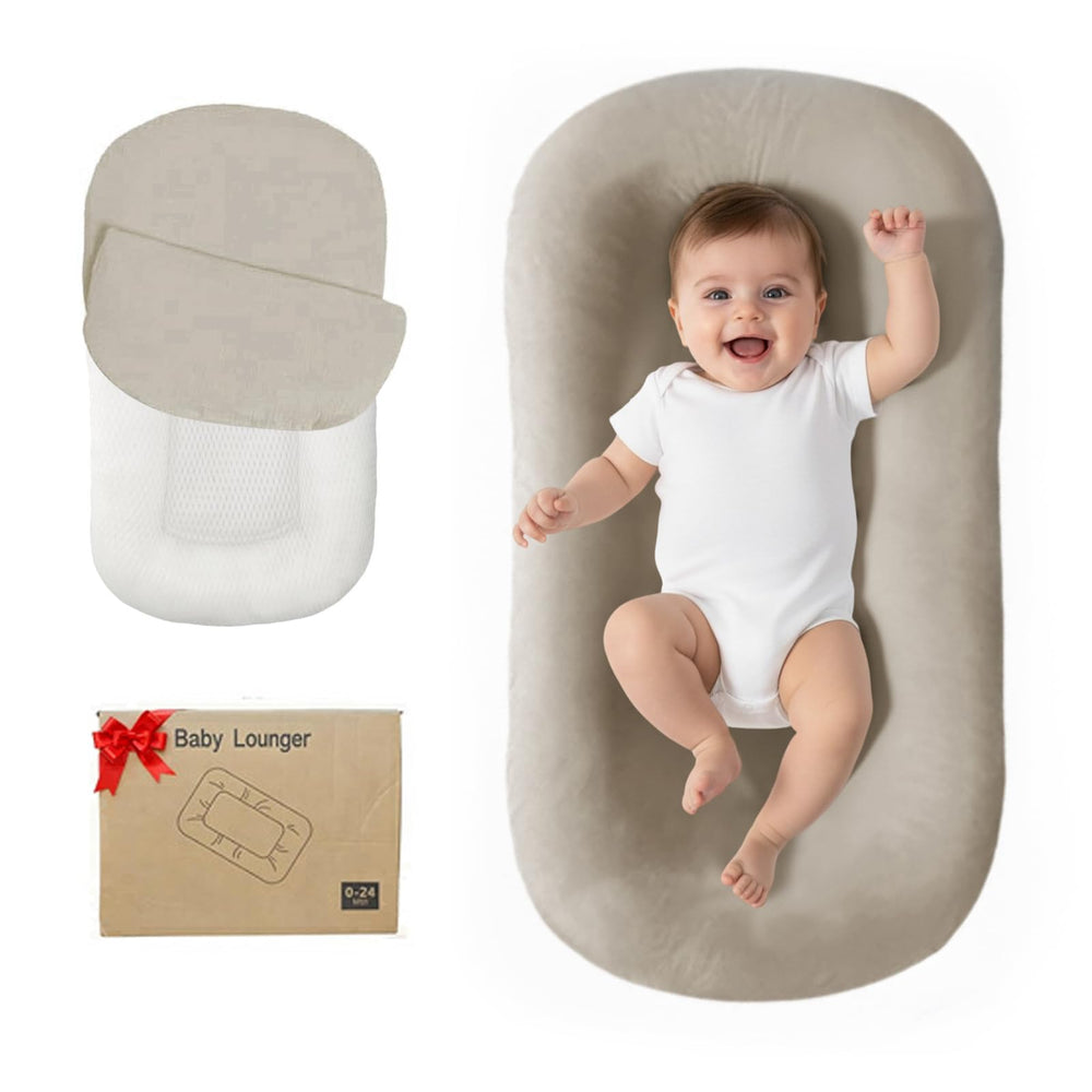 RSN baby lounger in light gray with bionic design for gentle, engaging newborn playtime