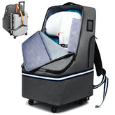 RUCYEN rolling car seat travel bag front view with four wheels for easy airport maneuvering.