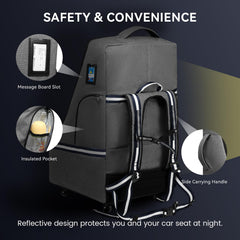 RUCYEN rolling car seat travel bag wheeled base enables smooth roll through terminals.