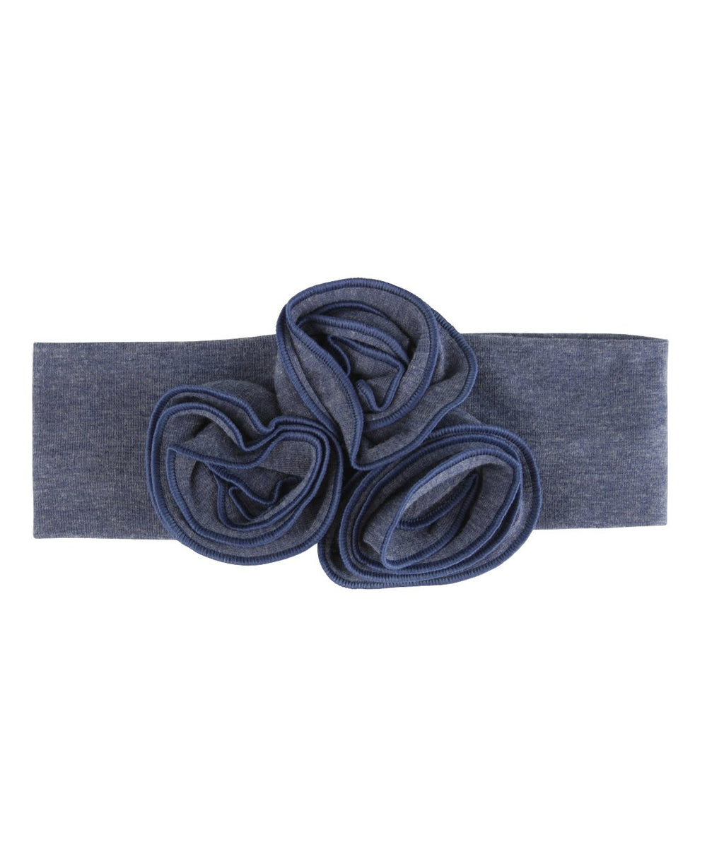 RuffleButts girls headband in blue faux denim, soft and comfortable wear