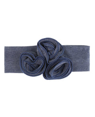 RuffleButts girls headband in blue faux denim, soft and comfortable wear