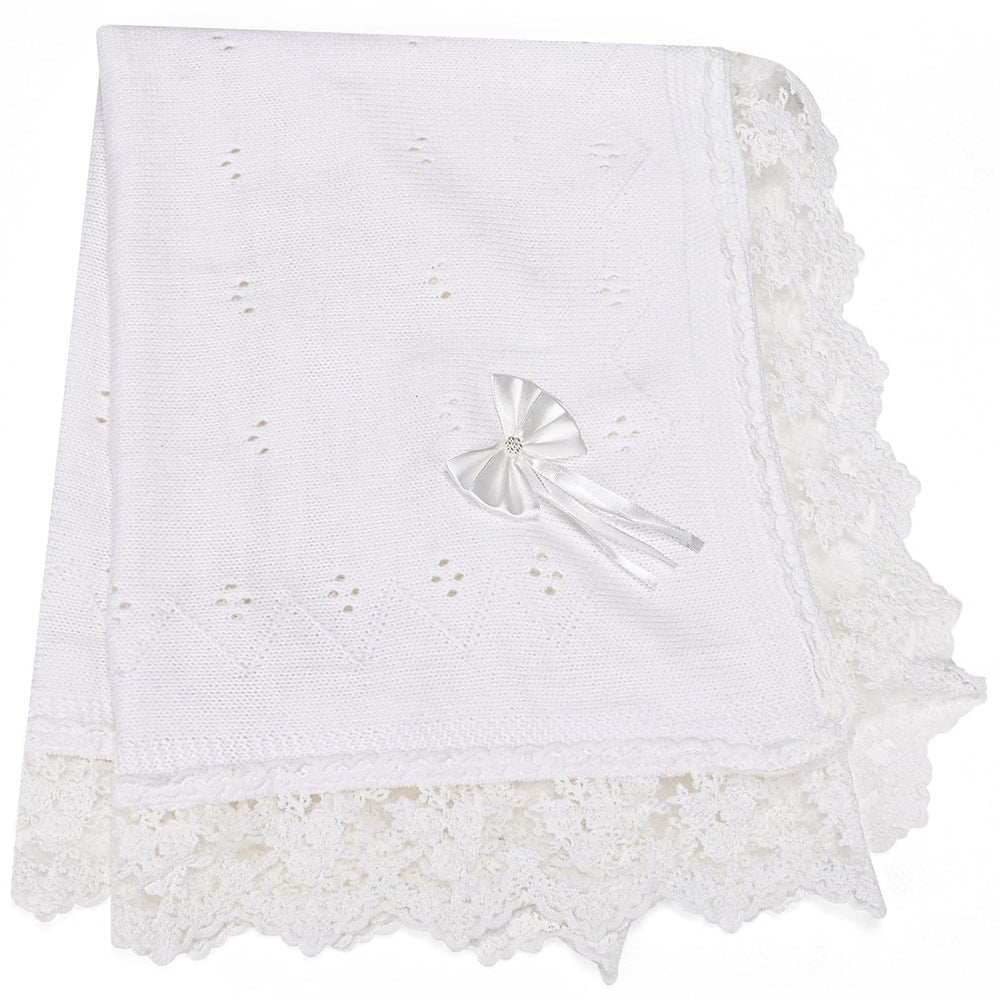 Runeaoys baptism blanket with heart-knit lace detail for elegant christening moments.