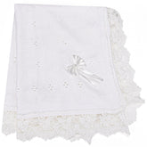 Runeaoys baptism blanket with heart-knit lace detail for elegant christening moments.