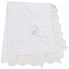 Runeaoys baptism blanket with heart-knit lace detail for elegant christening moments.