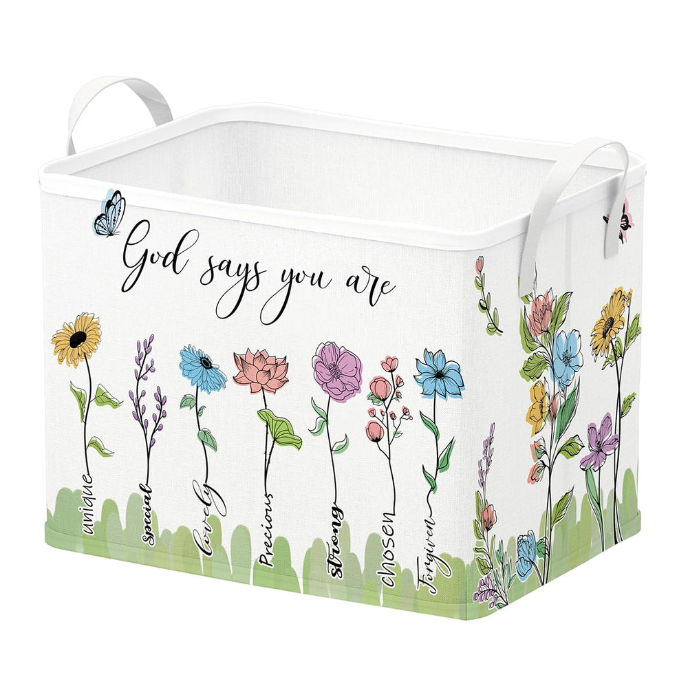 Runtoo Bible verse floral nursery basket decorates the room while organizing toys.