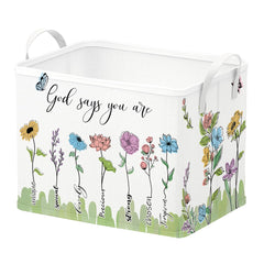 Runtoo Bible verse floral nursery basket decorates the room while organizing toys.