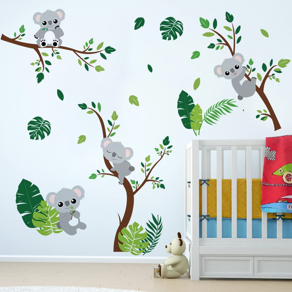 Runtoo Koala wall decal forest scene adds playful charm to a girl's bedroom.