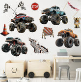 Runtoo large monster truck wall decal with four trucks, ideal for boys' rooms and play areas.