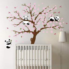 Runtoo Panda wall decal featuring cherry blossoms adds a cozy bedroom accent.