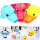 Rustark yellow duck faucet extender close-up, BPA-free for safe, kid-friendly hand washing.