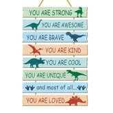 Rutiyoka dinosaur wall art 8-piece set brightens kids' room with inspirational quotes.