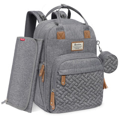 RUVALINO diaper bag backpack gray front view showing organized compartments for on-the-go parents