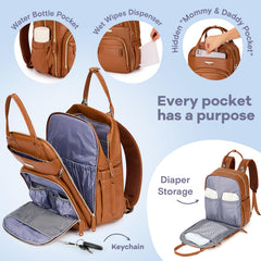 RUVALINO diaper bag backpack side view with stroller strap for hands-free travel.