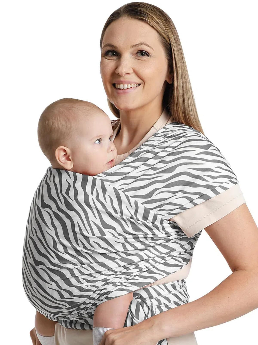 S.Leovay Zebra baby wrap carrier front view for stylish hands-free outings.