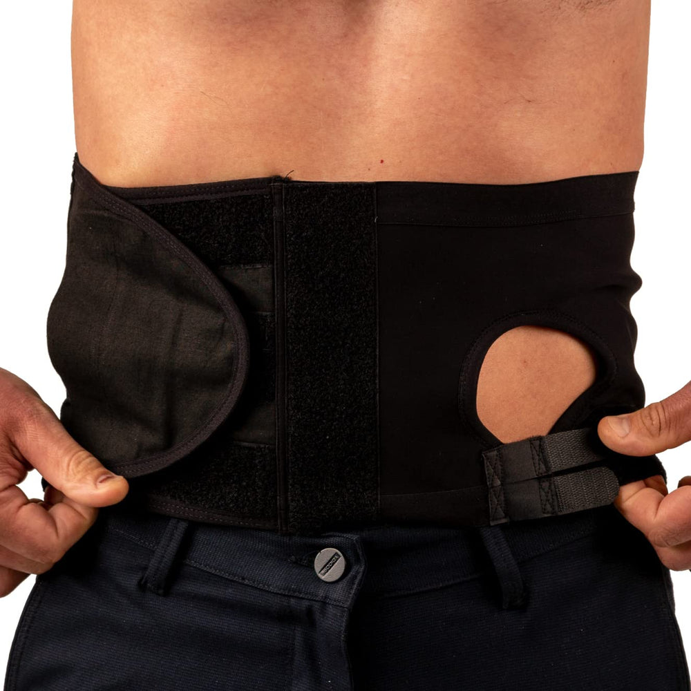 Safe n' Simple ostomy hernia belt worn on model showing all-day comfortable support