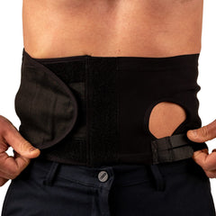 Safe n' Simple ostomy hernia belt worn on model showing all-day comfortable support