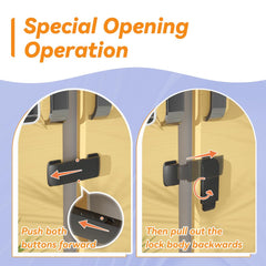 SAFELON fridge lock two-step unlock design demonstrated for easy adult use.
