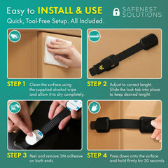 SafeNest drawer lock highlights drill-free installation for cabinets and fridges.