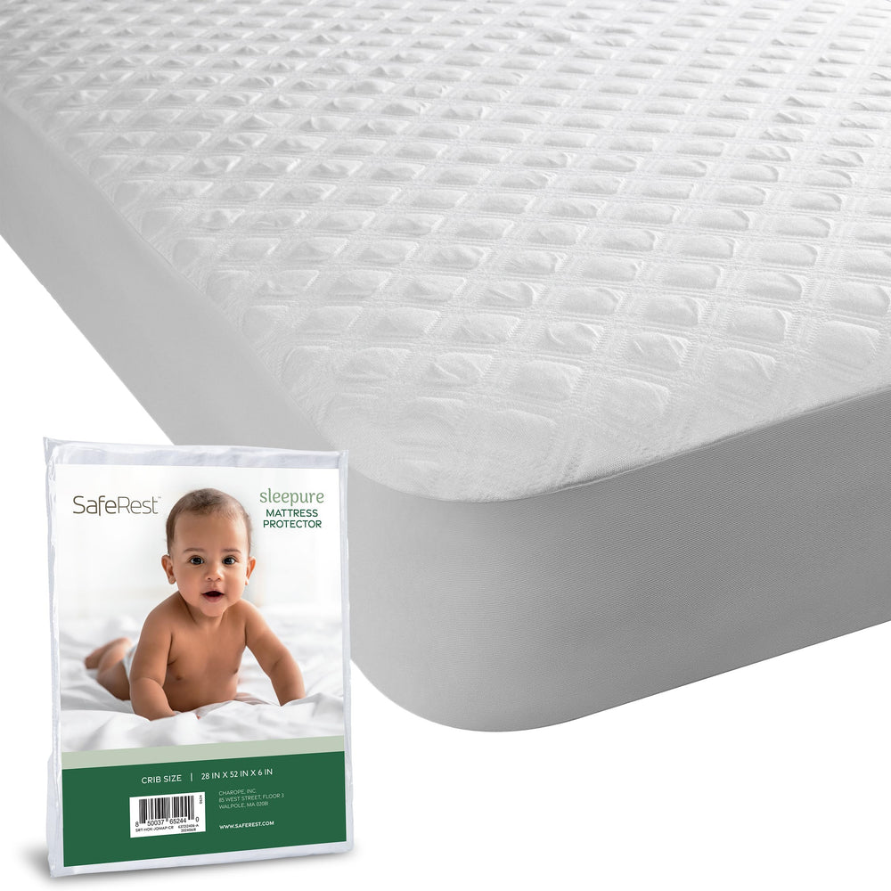 SafeRest Sleepure waterproof crib protector protects against spills for clean, comfortable naps.