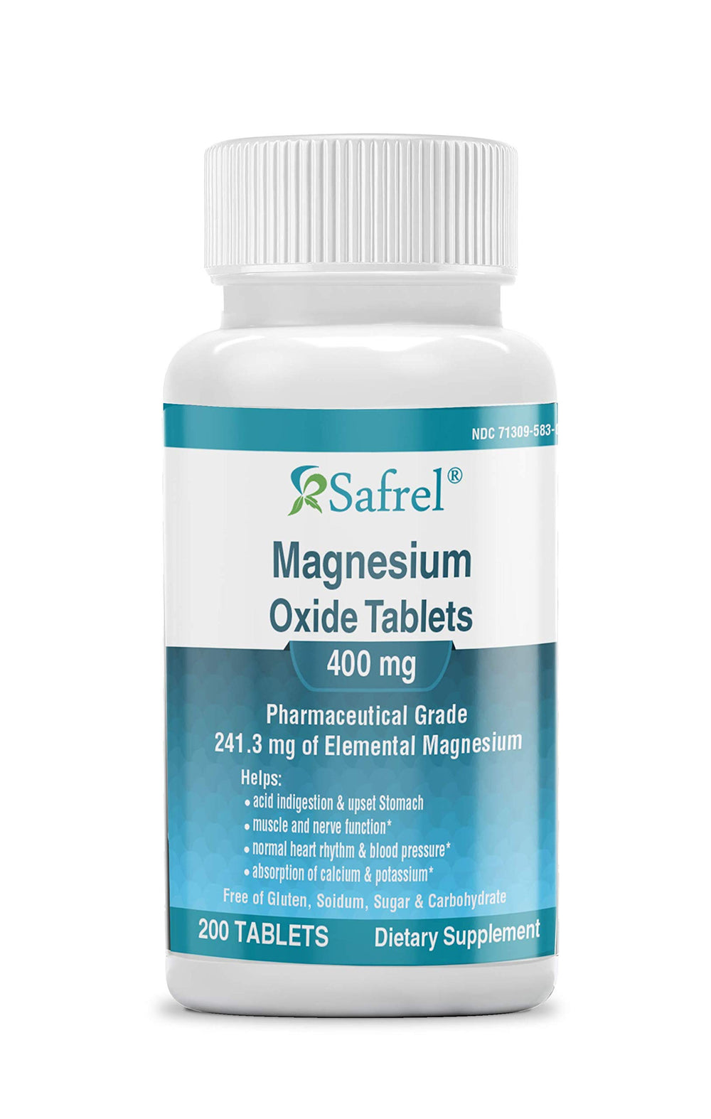 Safrel Magnesium 400mg bottle on counter supports daily muscle relaxation.