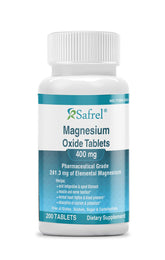 Safrel Magnesium 400mg bottle on counter supports daily muscle relaxation.