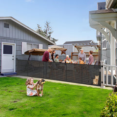 Sair pet reinforced 150-inch gate with cat door extended for wide openings.