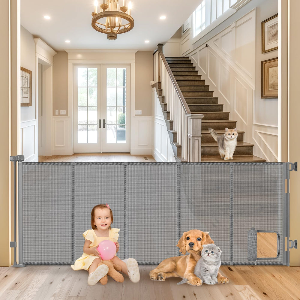 Sair Pet reinforced 90-inch gate with cat door in living room keeps pets safely apart