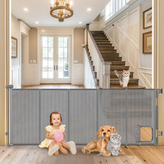 Sair Pet reinforced 90-inch gate with cat door in living room keeps pets safely apart