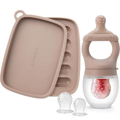 SAMiGO baby feeder set with fruit puree demonstrates easy grip for soothing teething relief.