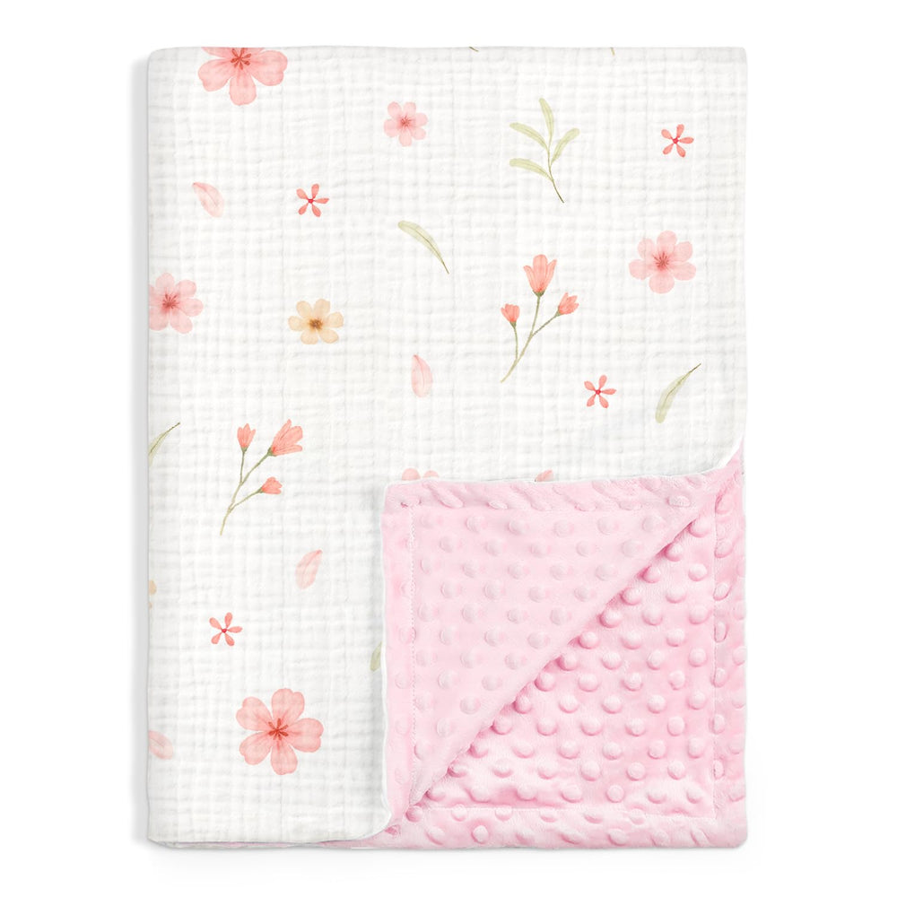 SANDJEST floral baby blanket with muslin side for breathable comfort.