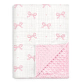 SANDJEST Bow Baby Blanket with muslin side for breathable, soothing comfort.