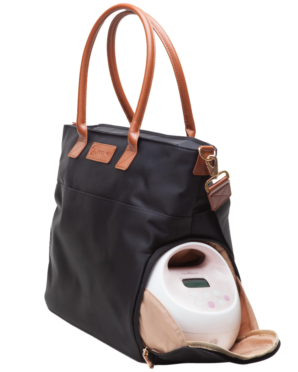 Sarah Wells Abby breast pump tote with real leather straps offers professional style
