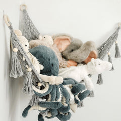 Sasa Baby and Toddler Macrame Toy Hammock shows wood accents enhancing natural nursery decor.