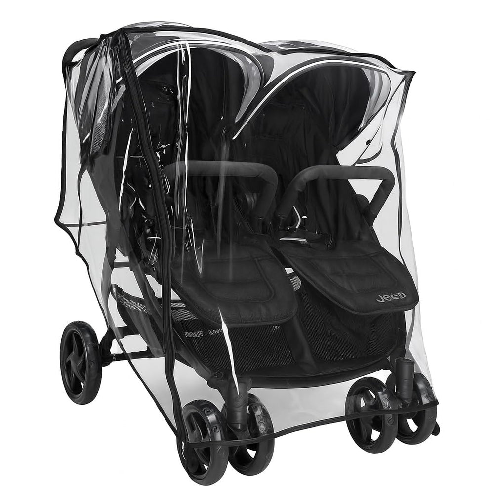 SASHA'S rain-cover on Jeep Destination Double Stroller provides full rain protection.
