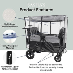 SASHA'S rain cover side zipper access enables quick entry without removing the cover.