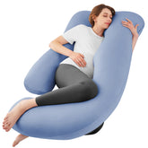 Sasttie U-shaped pregnancy pillow with blue cover supports shoulders and belly.