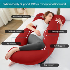 Sasttie pregnancy pillow U‑shape side view demonstrates ergonomic wrap for belly and back comfort.