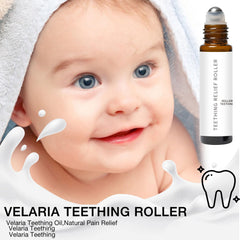 Satasiam Velaria teething roller roll-on applied to baby's jawline for gentle soothing