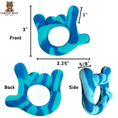 Sawyer Bear teether with soft textures for gum massage.