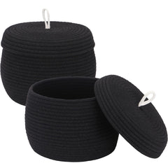 Sea Team round cotton rope storage basket with lid in black, 2-pack, for organized storage.