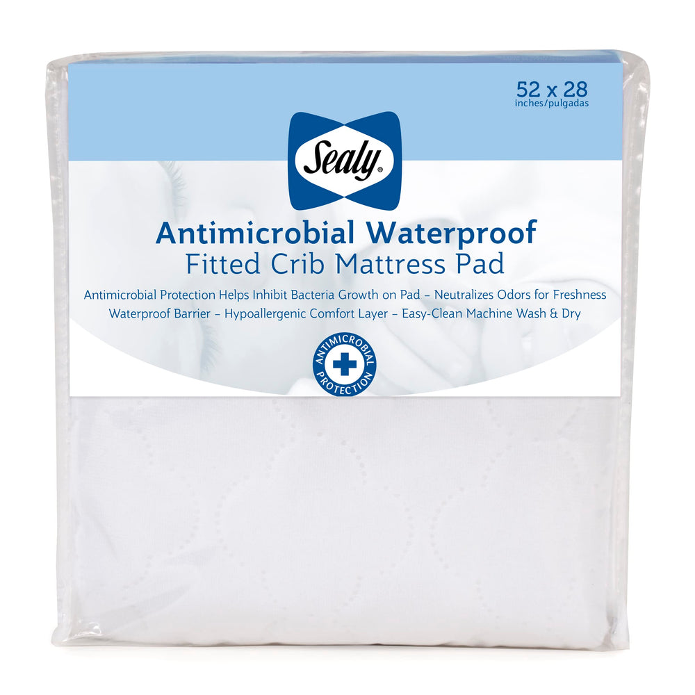 Sealy Baby antimicrobial pad top view showing breathable knit fabric and odor control.