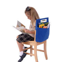 Seat Sack blue chair pocket interior view with notebooks organized.